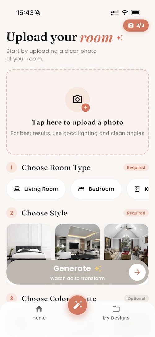 DecorAI app screen showing upload, room type and style selection