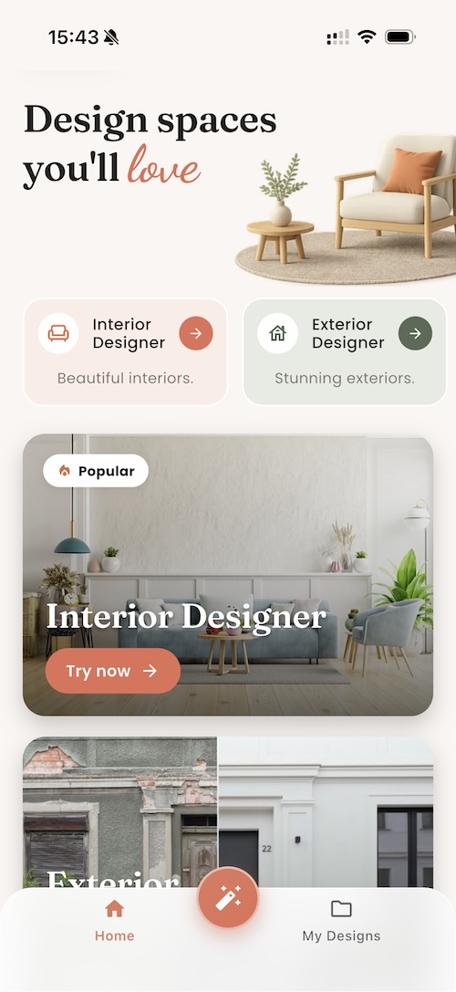 DecorAI home screen with Interior and Exterior designer modes