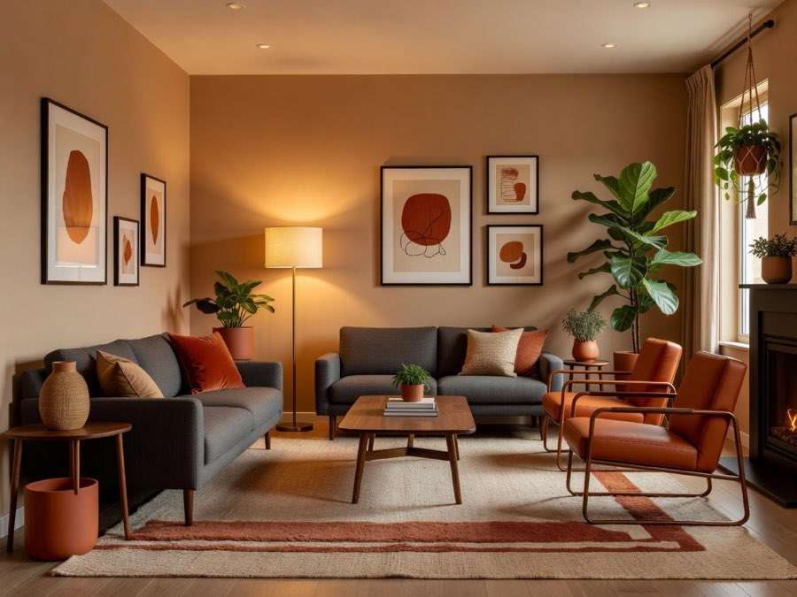The same living room after DecorAI redesign with terracotta accents and mid-century furniture